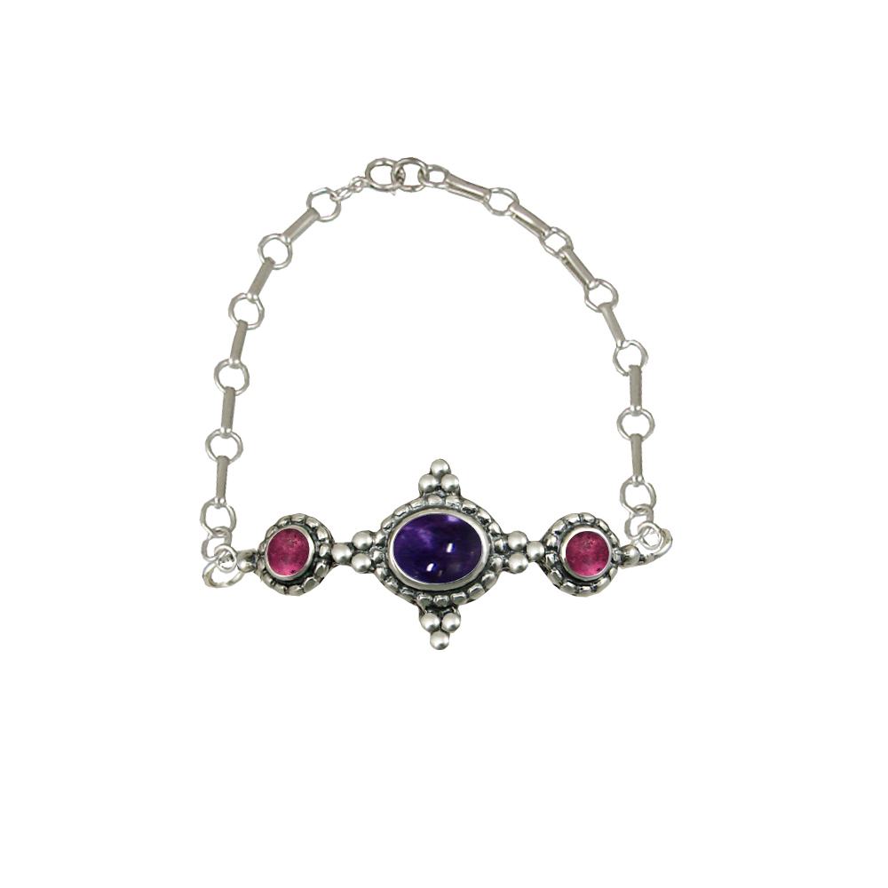 Sterling Silver Gemstone Adjustable Chain Bracelet With Iolite And Pink Tourmaline